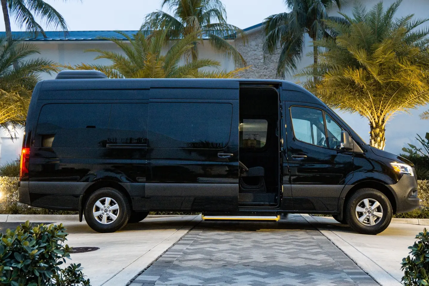 Black high-roof Mercedes-Benz Sprinter van in side profile with its sliding door open, between lit palm trees at dusk.